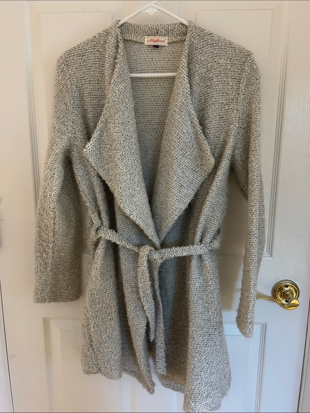 Alythea Light Gray Open-Front Knit Cardigan with Tie Belt